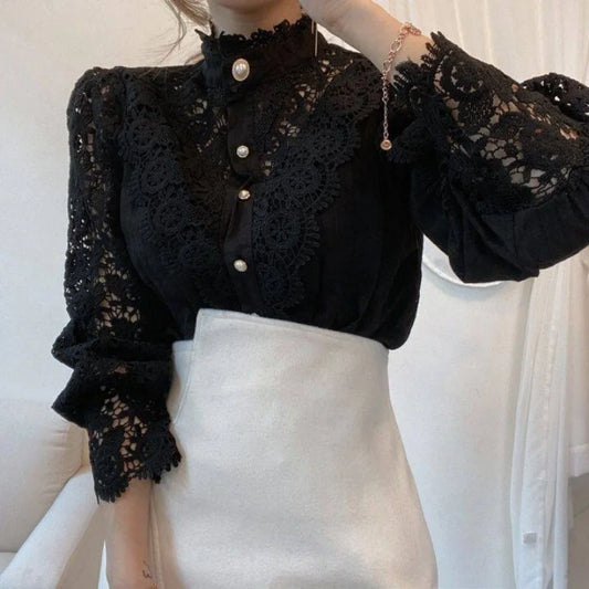 Hollow Out Long Sleeved Lace Blouse/Solid Tatting Craft Designed/Broad Clothed Single Breasted Blouse