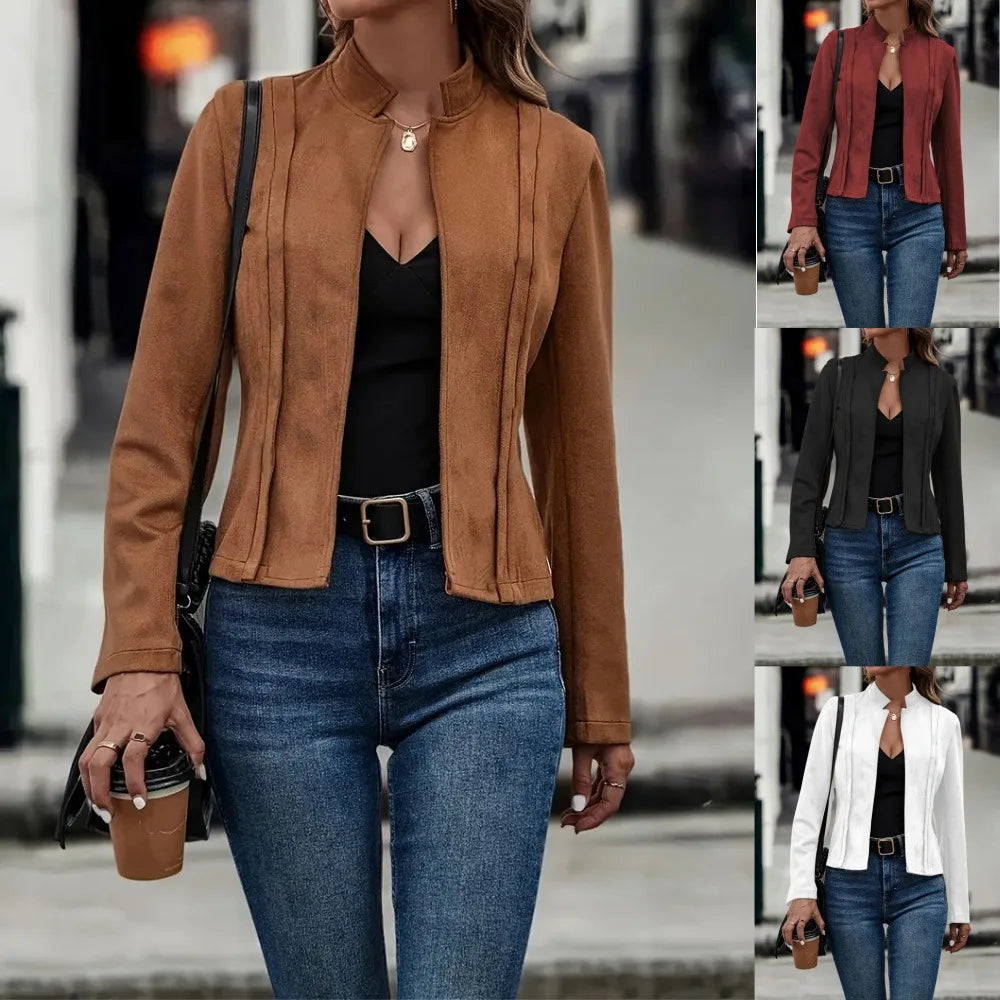 Faux Suede Leather Jacket/Winter Solid Color Long Sleeved Versatile Cardigan Short Jacket.