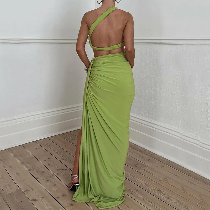 Luxury One-Shoulder Ruched Skirt Set – Elegant Backless Crop Top & High Slit Maxi Skirt Two-Piece Ensemble