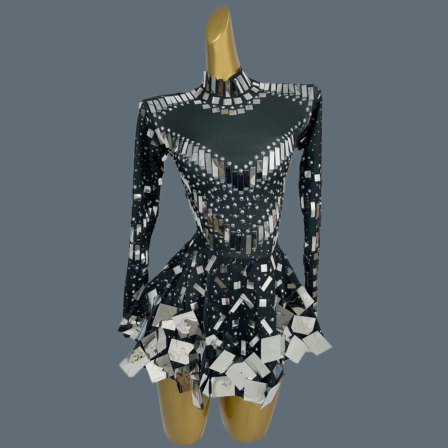 Dazzling Golden Rhinestone Mini Dress/Stage Sequined Maxi Dress/Concert Event Day/Crystal Mirror Silhouette A-LINE Dress.