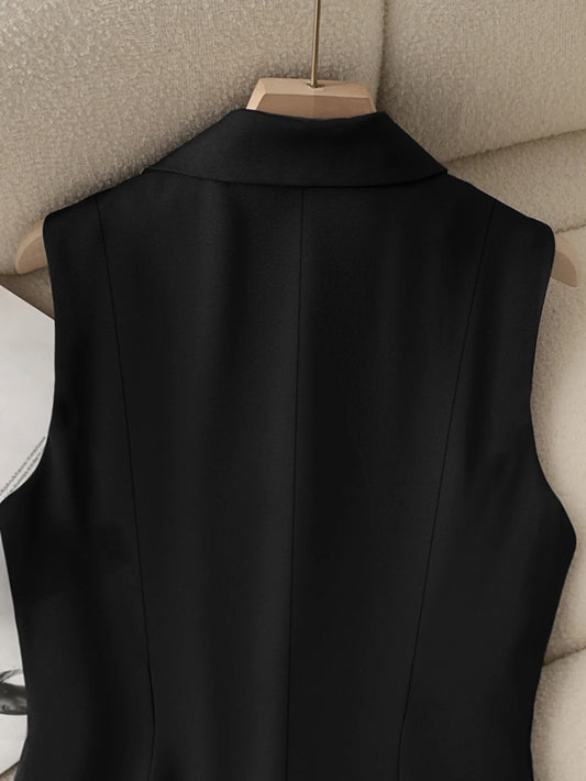 Women’s Classic Tailored Suit Vest – Black Single-Breasted Sleeveless Waistcoat | Elegant Office & Chic Layering Top