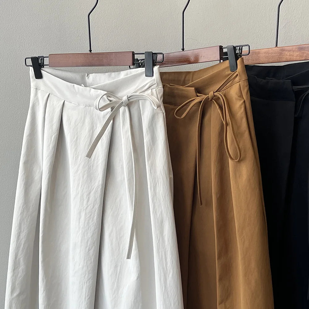 Fashion Tie Up Knotted Asymmetric Strapped Pant’s/ Lace-up Wide Leg Chic Style/High Waisted Solid Loose Ladies Straight Trouser’s.