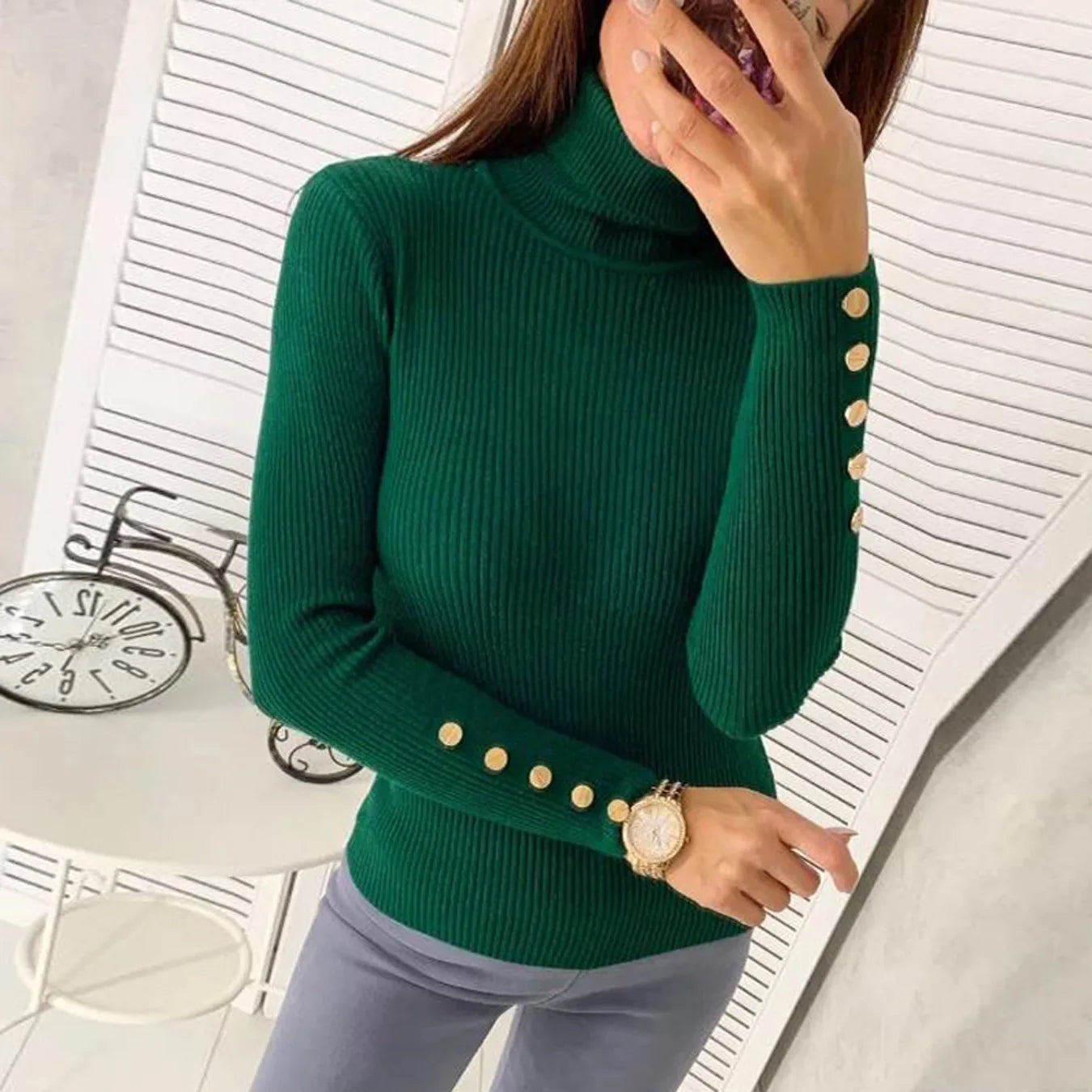 Stylish Sleeved End Buttoned Sweater/Woman High Neck Pullover/Solid Full Length Knitted Sweater.