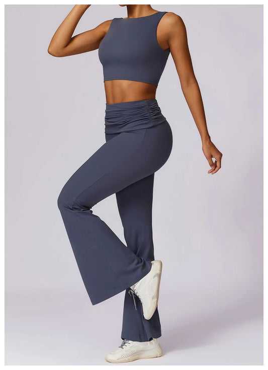 High-Waisted Flared Active Pants with Sculpting Fit – Neutral Beige