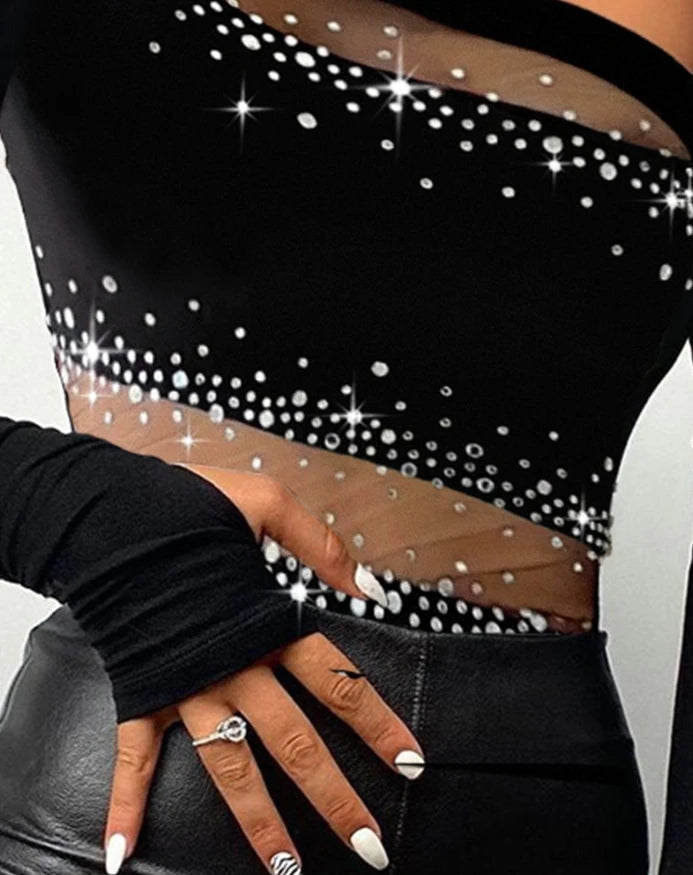 New Fashion Rhinestone Top/Bandeau Sheer Mesh/Slim Fit Long Sleeve Tee Sexy Skinny Daily T-Shirt Top.