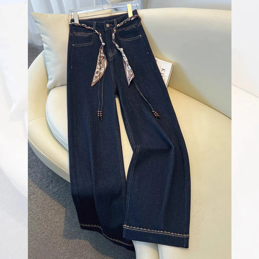 Luxury High-Waist Wide-Leg Denim Jeans with Boho Scarf Tie & Beaded Drawstring | Modern Blend Boutique