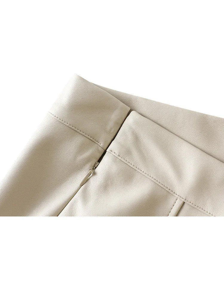 Vintage Faux Leather Skirt Women Autumn Fashion/Midi Long A Line Skirt Female Beige Khaki Elegant PU Skirt A319.