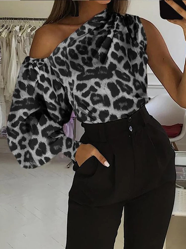 Women's Solid Color Oblique/Shoulder fit long Sleeve. For casual use/Off Shoulder design. Female Fashion Lantern Long Sleeve Shirts.