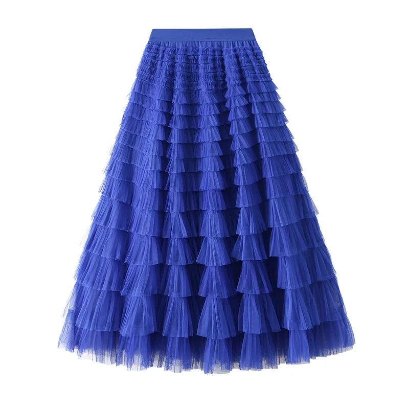 Elegant Layered Mesh Skirt For Women/High-Waisted Puff Skirt/Dropped A~Line/Appliqués Decorative Loose Fitted Skirt.