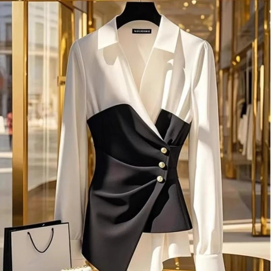 Black & White Color Block Wrap Blouse for Women | Luxury Asymmetrical Button Top