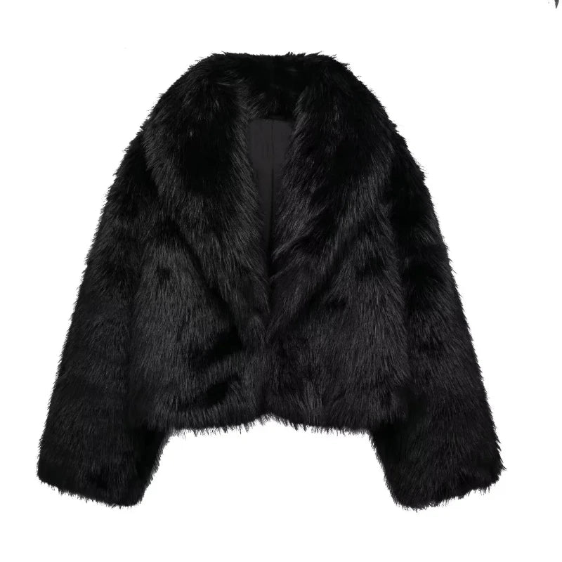 MUJER Black Faux Fur Coat/Autumn Winter Plush Coat’s/Jackets Streetwear/ Long Sleeve Warm Women Coat’s.