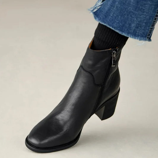 Women’s Genuine Leather Ankle Boots | Vintage European-Inspired Round Toe Booties, Side Zipper, Block Heel, Classic British Style