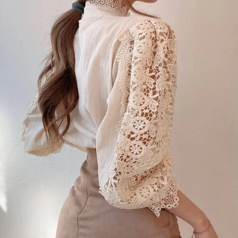 Hollow Out Long Sleeved Lace Blouse/Solid Tatting Craft Designed/Broad Clothed Single Breasted Blouse