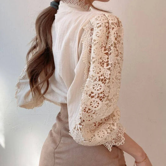 Hollow Out Long Sleeved Lace Blouse/Solid Tatting Craft Designed/Broad Clothed Single Breasted Blouse
