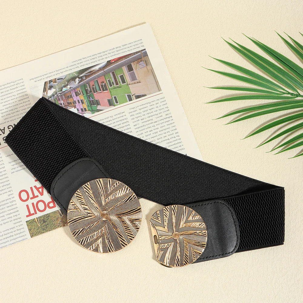 Luxury Wide Elastic Waist Belt for Women – Gold Statement Buckle Stretch Fashion Belt