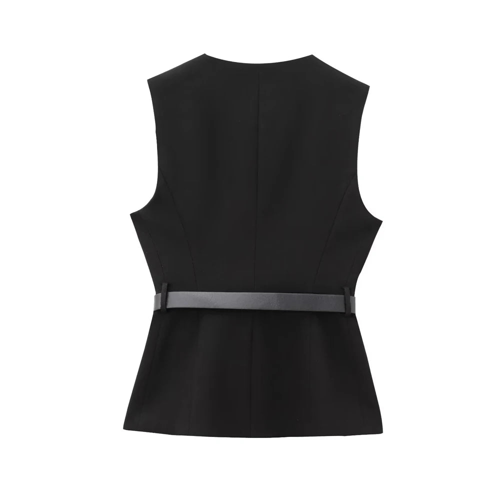 Commense Button Detail/TRZA-Women's Long Waistcoat with Belt, Front Gold Button/Fashion. Women Fashion Vintage Vest/Sleeveless Front Button Female Vest Tops With Belt