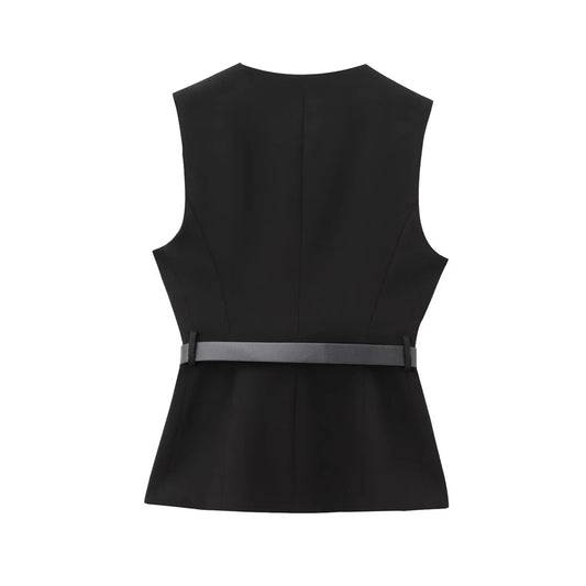 Commense Button Detail/TRZA-Women's Long Waistcoat with Belt, Front Gold Button/Fashion. Women Fashion Vintage Vest/Sleeveless Front Button Female Vest Tops With Belt