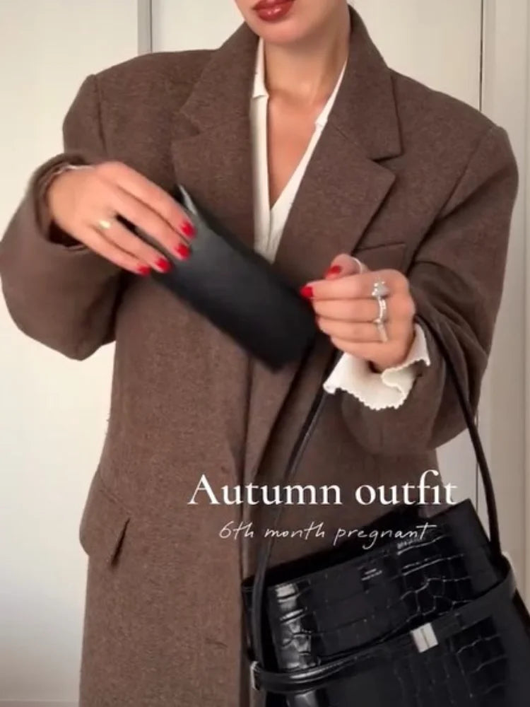 Classic Shoulder Pad Coat/Long Woolen Single Breasted Fit/Fashion Lapel/Single-breasted Long Sleeved Chic Coat/Autumn Commute Street Outerwear.