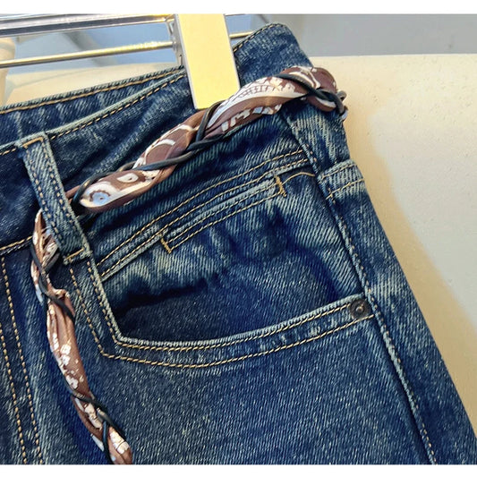 Luxury High-Waist Wide-Leg Denim Jeans with Boho Scarf Tie & Beaded Drawstring | Modern Blend Boutique