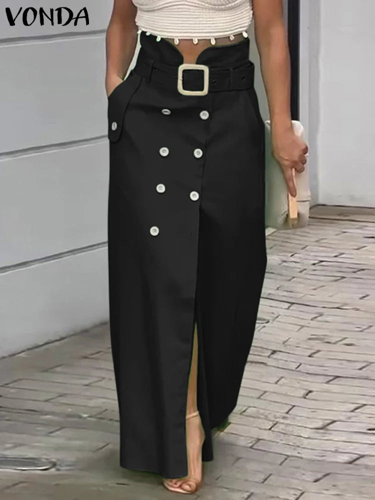 VONDA Button up Midi Skirt/Casual Waistband Button Design Slit Long Overskirts Solid Color Office Lady Bottoms.