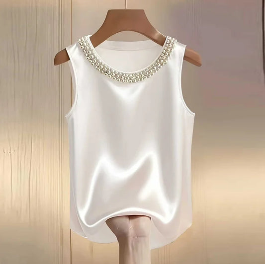 Elegant Satin Sleeveless Blouse with Pearl Beaded Neckline – Luxury Loose Fit Summer Top for Women | Modern Blend Boutique