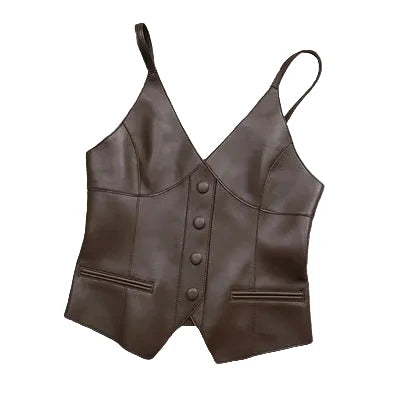 Luxury Genuine Sheepskin Leather Vest for Women – Tailored V-Neck Button Front Streetwear Top (Black, Camel, Green, Purple, Orange, Khaki)