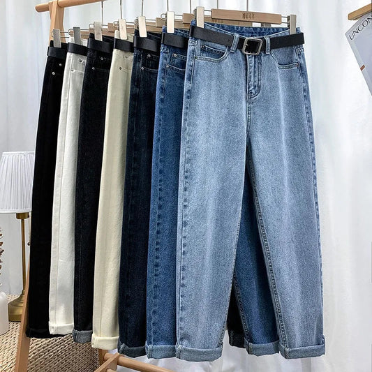 Symmetry Multi Style Pants/Stylish High Waisted Denim/Straight Leg Jeans Female Trousers/Pockets Roll Up Cuffs Casual Trendy Look.