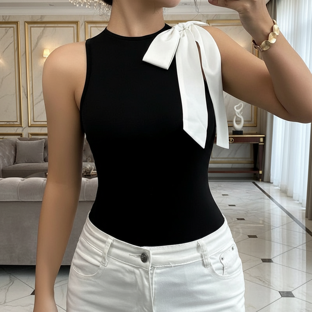 Elegant Black Bow Blouse/O~Neck White Stylish Decoration/Sleeveless Skinny Fit Slim Tank Top.