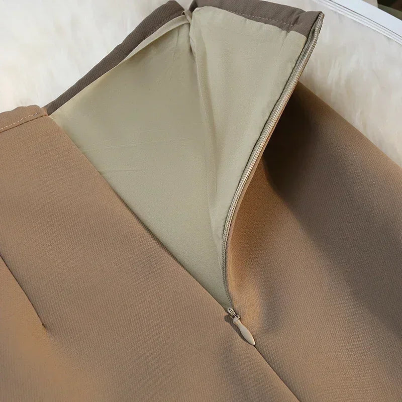 Fashion Mid~Calf  Elegant Formal Skirt’s/New Stretch High Waist Drape Suit Long Brown Skirt Zipper.