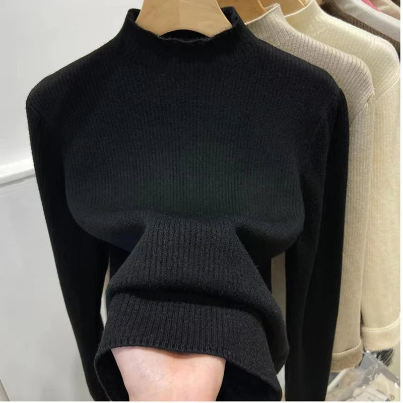 Solid Neck FleeceTurtleneck/Winter Sweater Women Elegant/Thicken Velvet Lined Warm Sueter Knitwear Jumper.