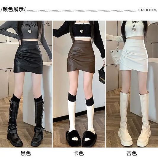 High-Waist Faux Leather Bodycon Mini Skirt – Ruched Slim Fit PU Leather Wrap Skirt for Women