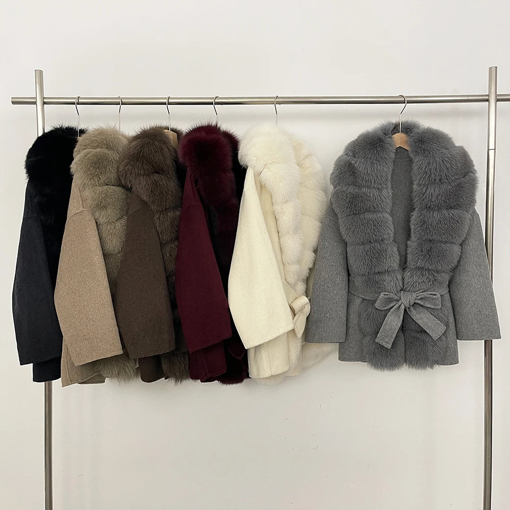 Woolen Blended Winter Coat’s/Female New Fox Fur Coat/Autumn Woolen Coat/Real Fur Collar/Women Warm Clothing.