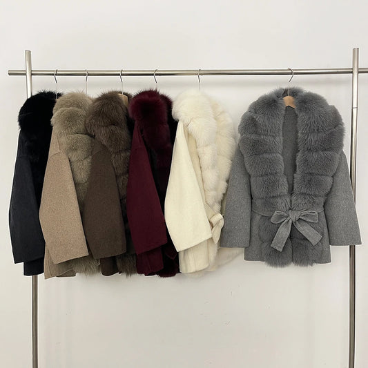 Woolen Blended Winter Coat’s/Female New Fox Fur Coat/Autumn Woolen Coat/Real Fur Collar/Women Warm Clothing.