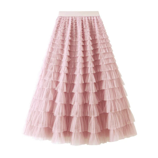 Elegant Layered Mesh Skirt For Women/High-Waisted Puff Skirt/Dropped A~Line/Appliqués Decorative Loose Fitted Skirt.