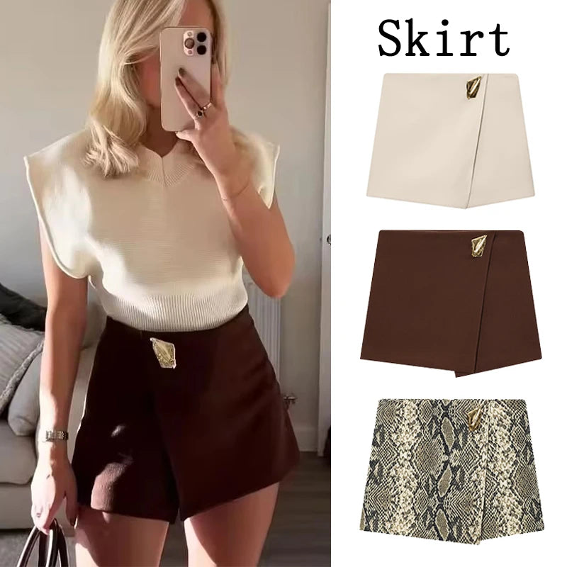 Asymmetrical Gold Decoration Short Skirts/Women Elegant Skirts/Solid High Waisted Skirt.