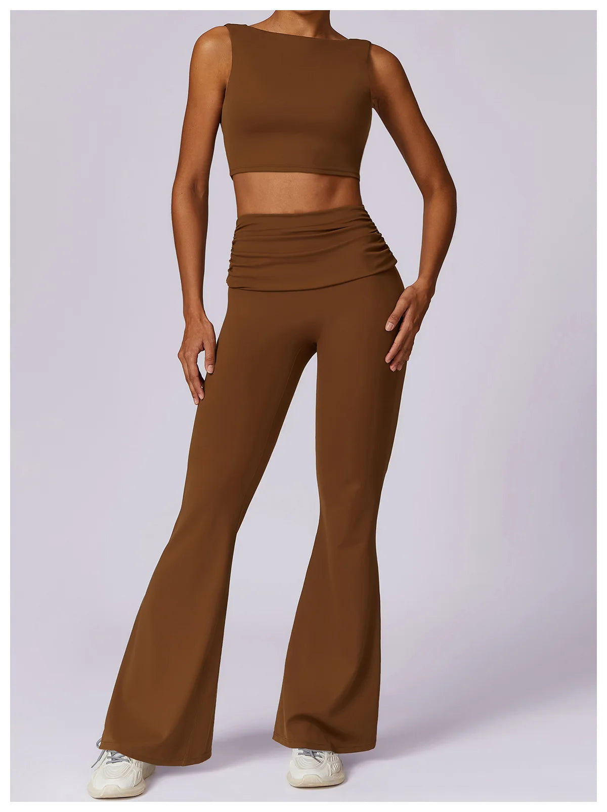 High-Waisted Flared Active Pants with Sculpting Fit – Neutral Beige