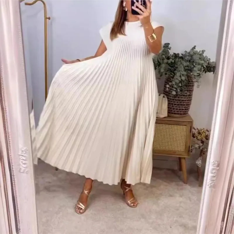 Solid Vintage Loose Pullover/High Waist Dress/Large Hem Long Dress/Fashionable Round Neck Sleeveless Pleated  Mid Calf Women's Dress Femme.