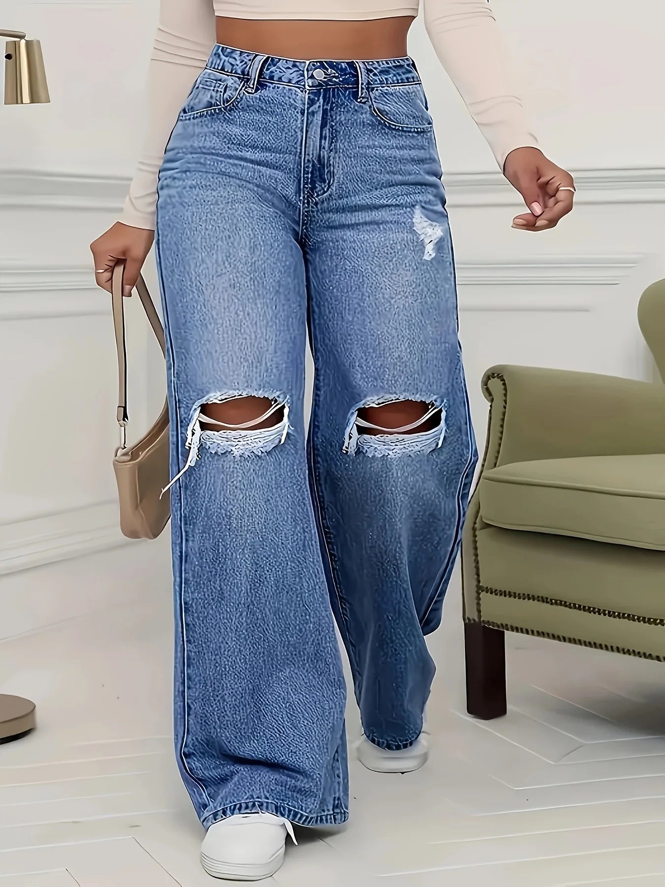 Loose Fitted High-Waist Denim/Straight Leg Jeans/Style Up Ripped Details/Casual wear/Fashionable Ankle Length Pants/Outdoor wear.