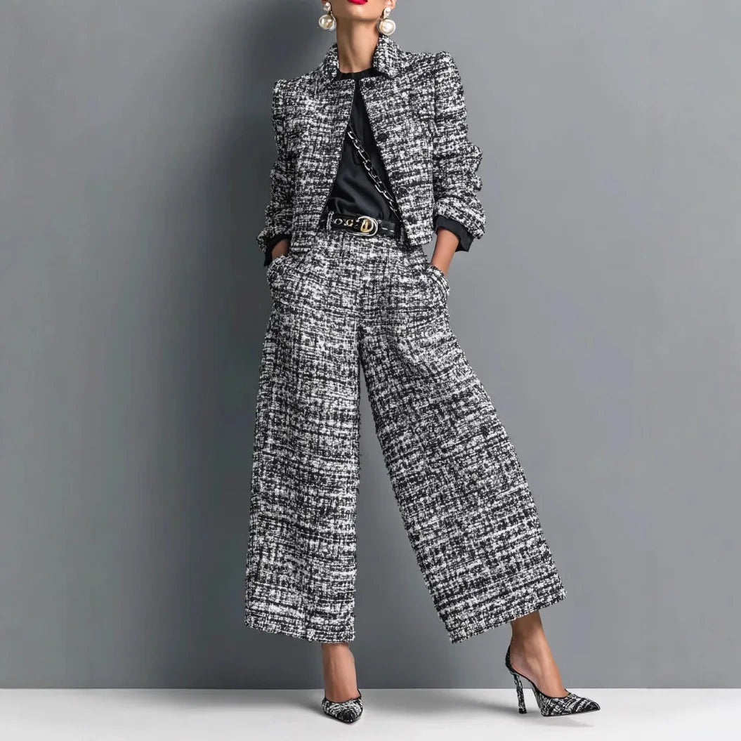 Luxury Tweed Two-Piece Set for Women – Elegant Printed Button Jacket & Wide Leg Pants Set | Modern Blend Boutique