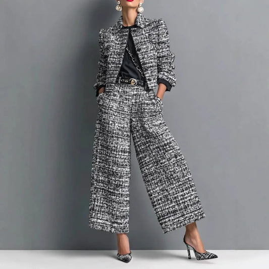 Luxury Tweed Two-Piece Set for Women – Elegant Printed Button Jacket & Wide Leg Pants Set | Modern Blend Boutique