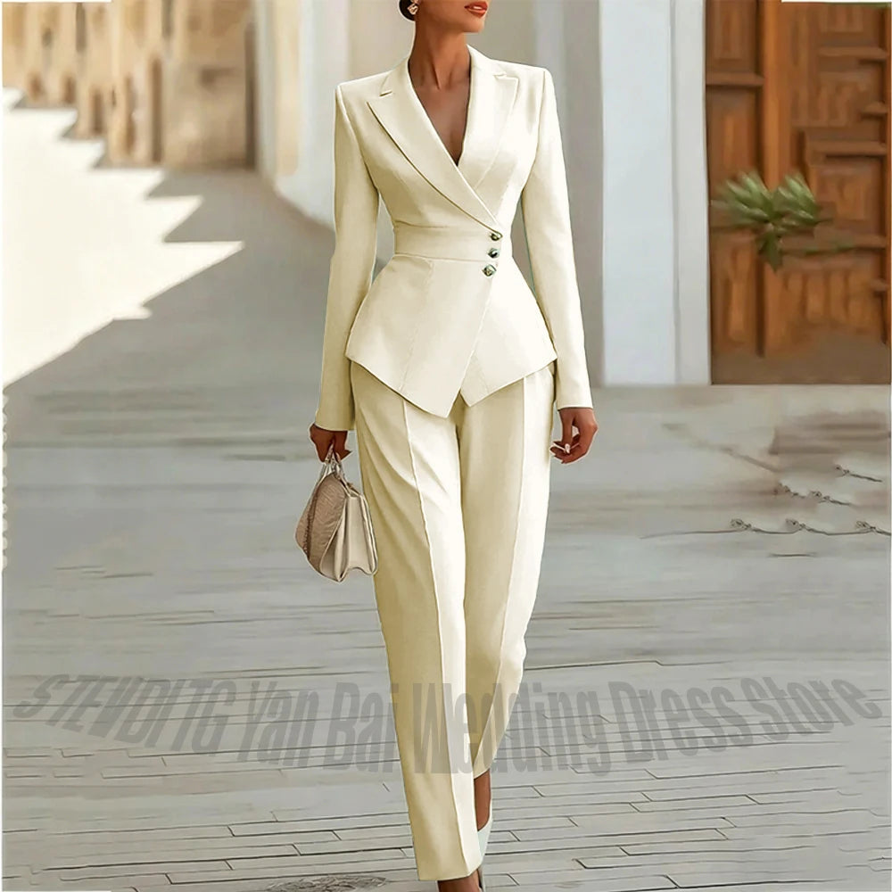 Modern Blend Boutique Luxury Tailored 2-Piece Women’s Suit Set – Elegant Slim Fit Business & Formal Blazer Trouser Outfit