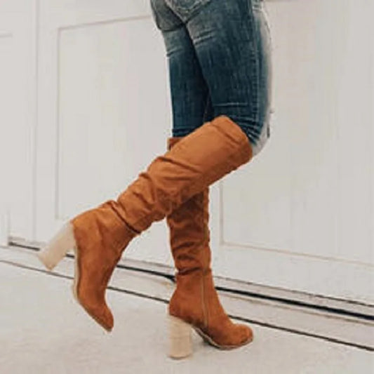 Women’s Knee-High Suede-Look Boots – Elegant Chunky Block Heel, Side-Zip Tall Boots, Fall & Winter