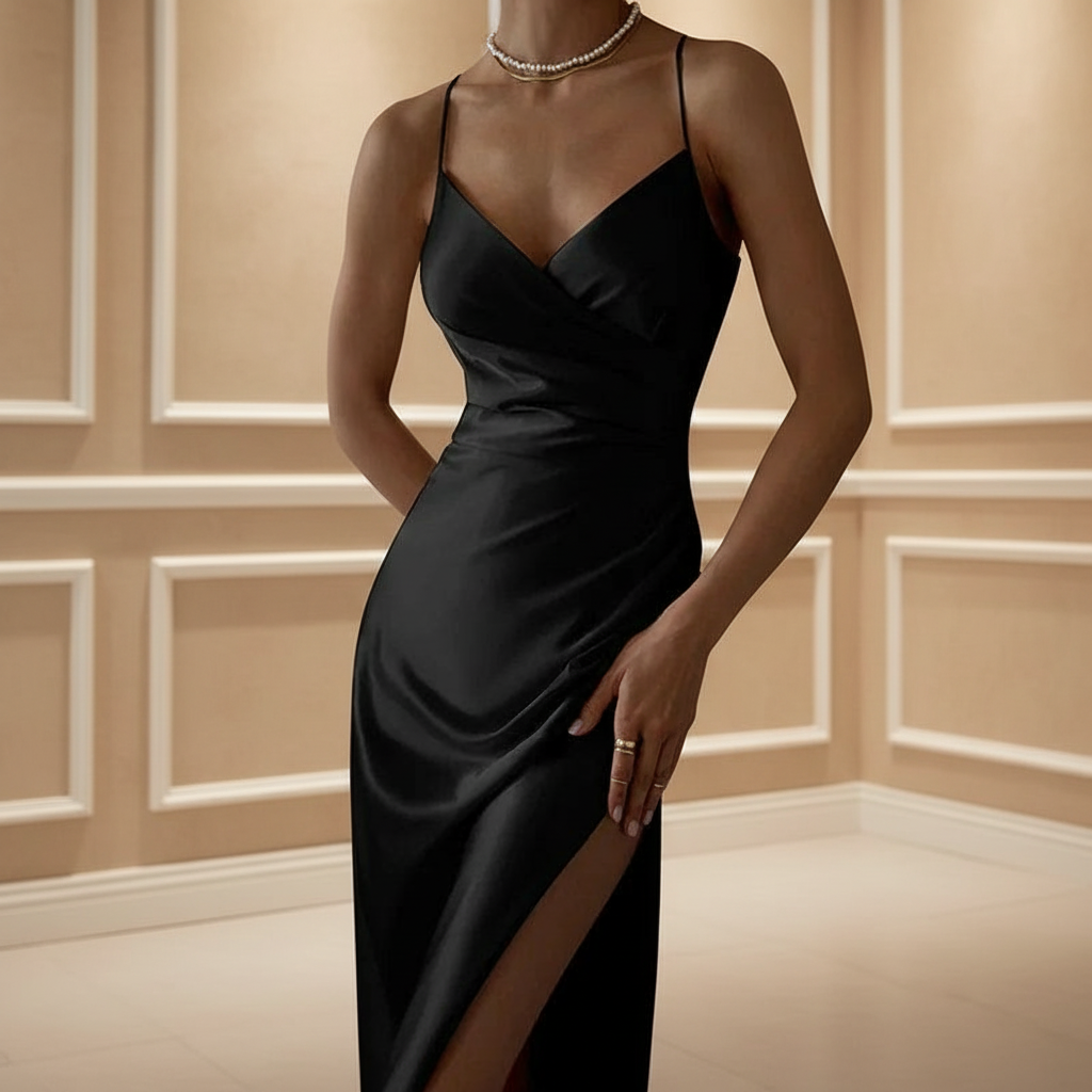 Sexy Glowing Backless Slit Dress/High Split Pleated Satin Dress/Solid V~Neck Mid~Calf Pullover.