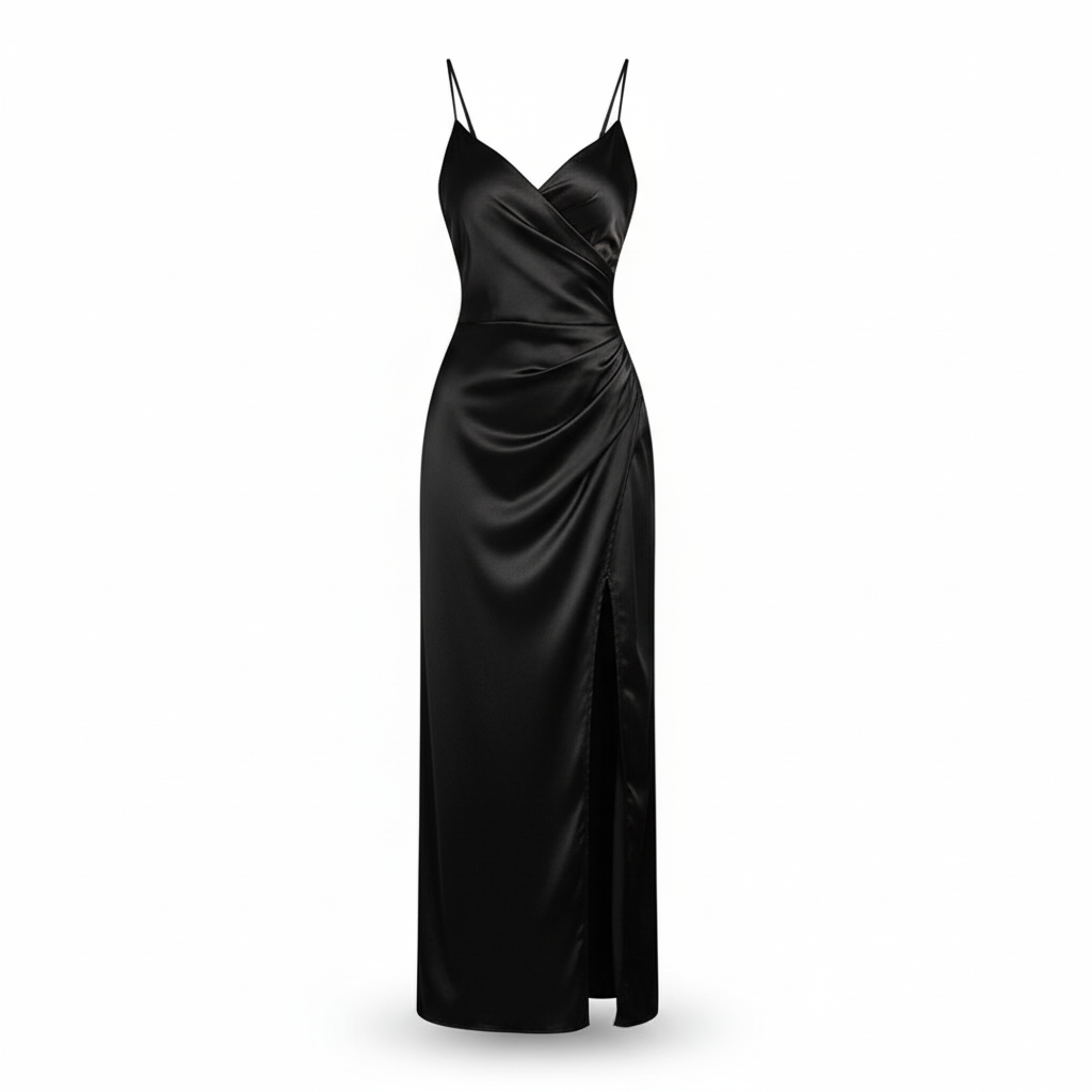 Sexy Glowing Backless Slit Dress/High Split Pleated Satin Dress/Solid V~Neck Mid~Calf Pullover.