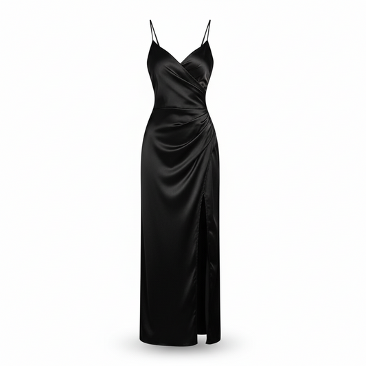 Sexy Glowing Backless Slit Dress/High Split Pleated Satin Dress/Solid V~Neck Mid~Calf Pullover.
