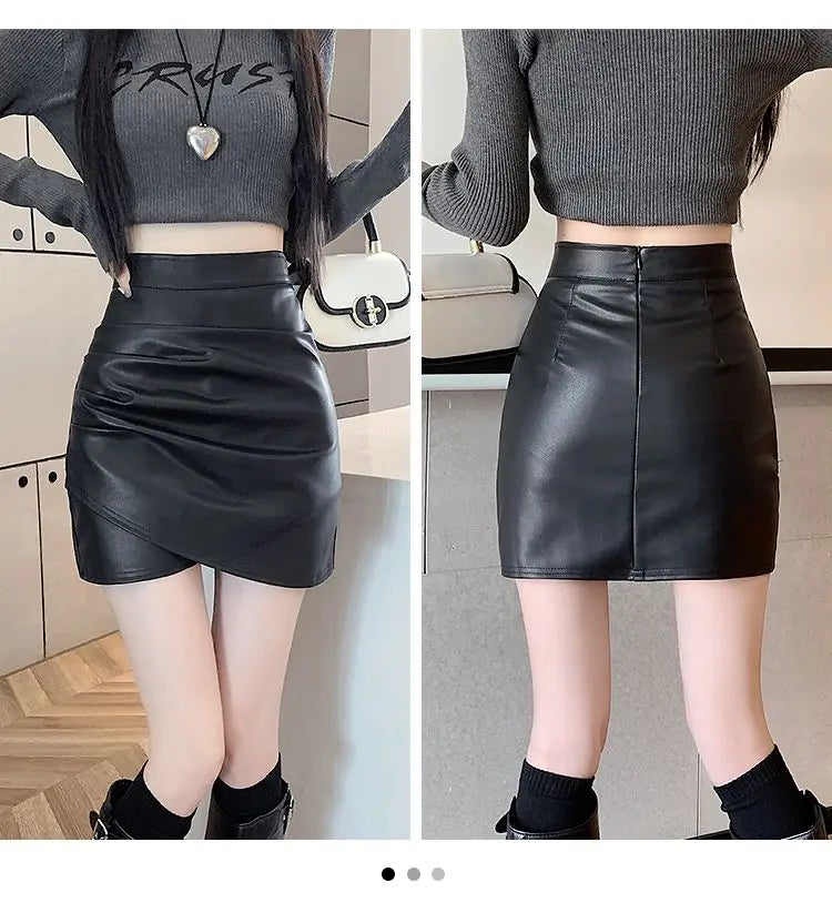 High-Waist Faux Leather Bodycon Mini Skirt – Ruched Slim Fit PU Leather Wrap Skirt for Women