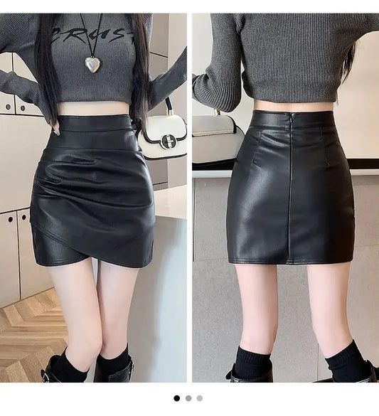 High-Waist Faux Leather Bodycon Mini Skirt – Ruched Slim Fit PU Leather Wrap Skirt for Women