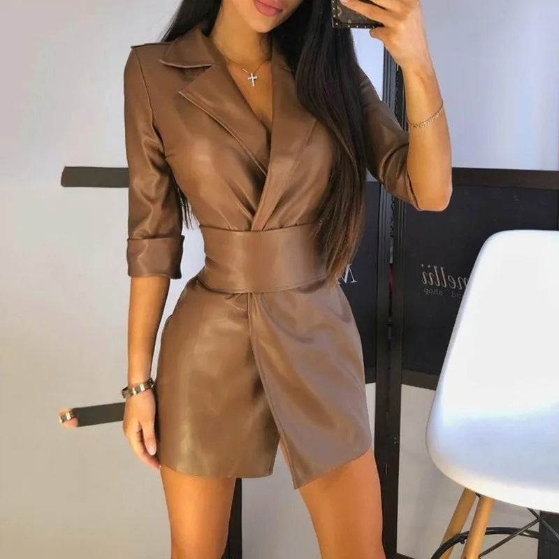 Elegant Leather Body~Con Women's Dress/ V~Neck Leather Mid Length/PU Leather Waist Closure/TrendingTurn Down Dress With Belt.