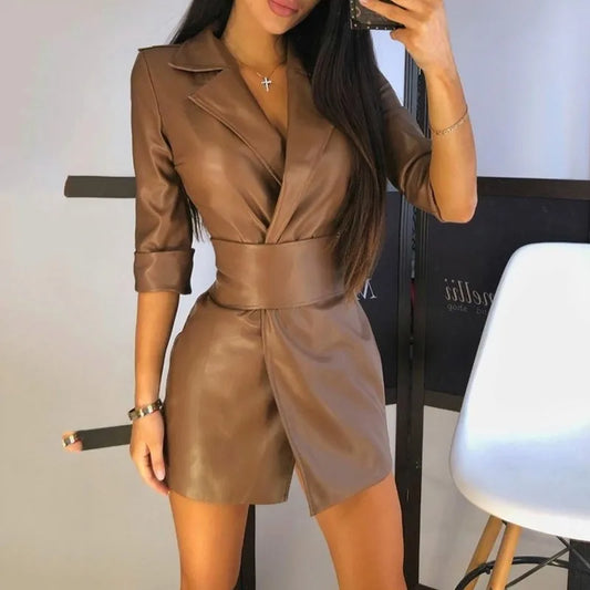 Elegant Leather Body~Con Women's Dress/ V~Neck Leather Mid Length/PU Leather Waist Closure/TrendingTurn Down Dress With Belt.