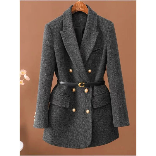 Women’s Gray Herringbone Belted Blazer Coat – Double-Breasted Tailored Boutique Outerwear
